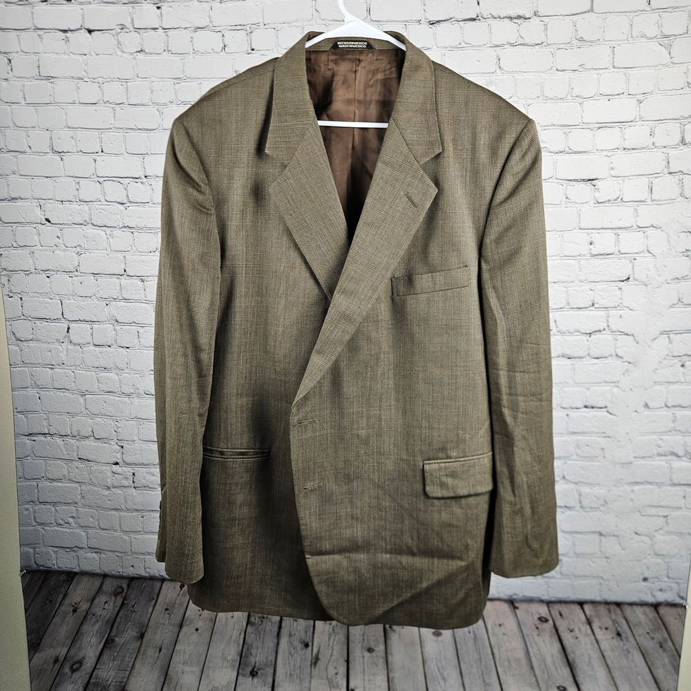 Stafford Traveler Plus Mens 50R Blazer Wool Blend Olive Brown Micro Check Jacket